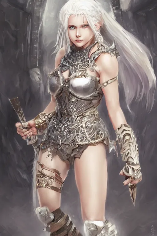 Image similar to A realistic anime portrait of a white haired female barbarian wearing an intricate armor, digital painting, by Stanley Artgerm Lau, Sakimichan, WLOP and Rossdraws, digtial painting, trending on ArtStation, SFW version