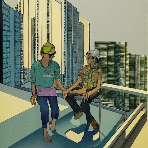 Image similar to art of two singapore students on the roof of a hdb flat, by moebius