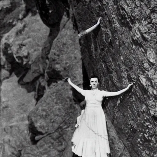 Image similar to a vintage photo of Frida kahlo rock climbing and wearing a wedding dress, 8k