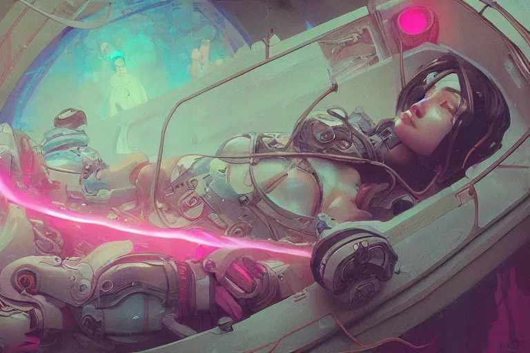 Image similar to interior of a Sensory deprivation Stomach filled with glowing pink water, Cross section, Claustrophobic, seapunk Mecha , vaporwave , digital art, artstation, by WLOP, Ilya repin, alphonse mucha., Very highly detailed 8K, octane, Digital painting, the golden ratio,