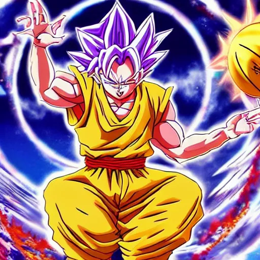 Prompt: drip trap goku summoning shenron but the dragon balls are basketballs