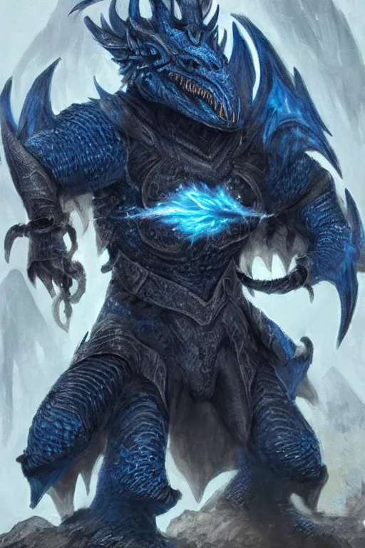 Prompt: a dark blue dragonborn with large tusks, half of his face flaming with blue flame, he wears a black dragon scales armor, art