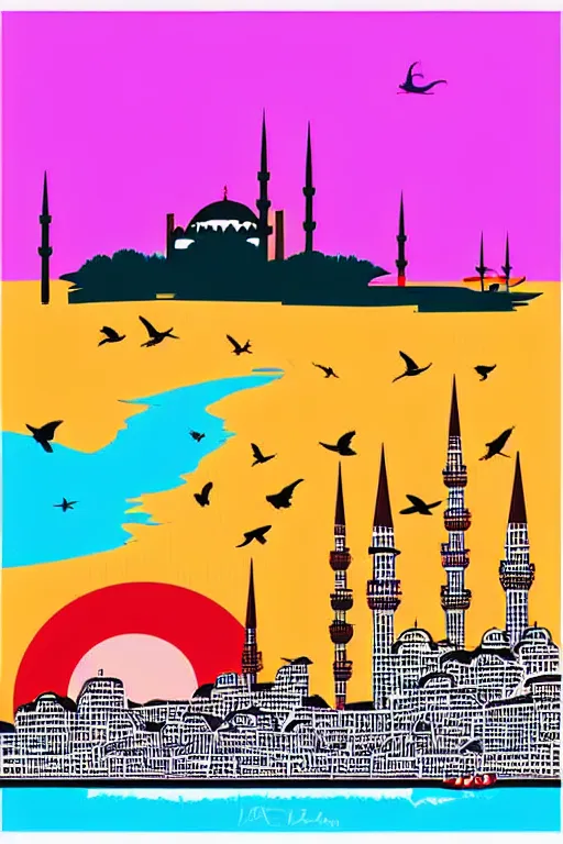 Prompt: minimalist boho style art of colorful istanbul skyline at sunrise, illustration, vector art