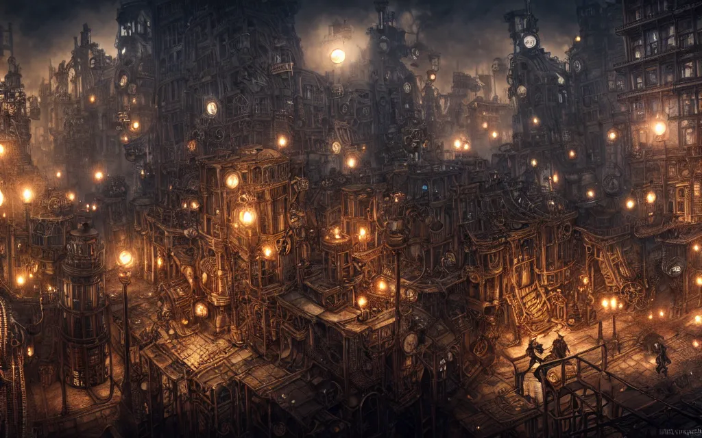 Prompt: an ultra wide angle view of a steampunk city made of clockwork, steamy, ominous, an ultrafine hyperdetailed illustration by kim jung gi, irakli nadar, intricate linework, octopath traveler, final fantasy, unreal engine 5, highly rendered, global illumination, radiant light, detailed and intricate environment