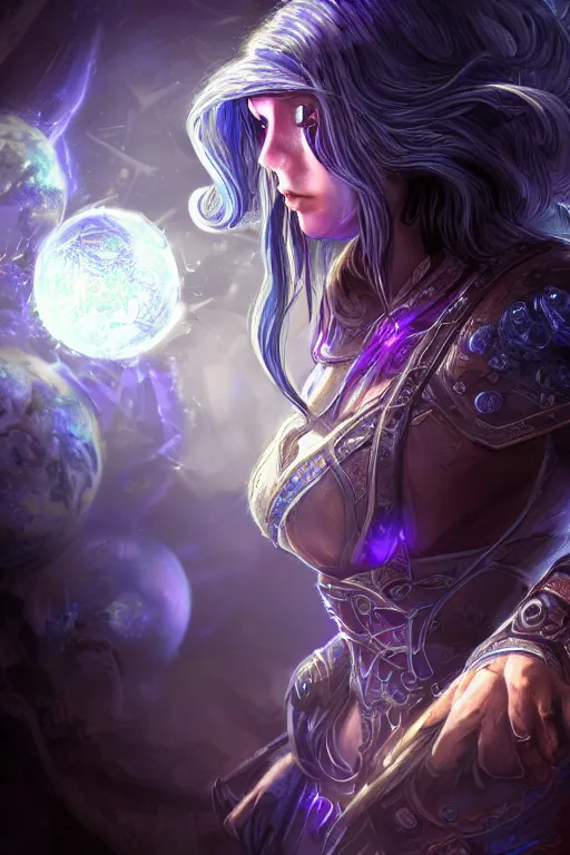 Prompt: Path of Exile, Maven, clear face, blue eyes, female image in shadow, with silver purple hair among colourful lights, dark blue spheres fly around, Anachronism, painting, dark fantasy, steampunk, 4k