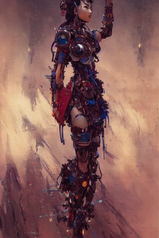 Prompt: portrait full body geisha cyborg ethnic girl painting by gaston bussiere, greg rutkowski, yoji shinkawa, yoshitaka amano, tsutomu nihei, donato giancola, tim hildebrandt, oil on canvas, trending on artstation, featured on pixiv, cinematic composition, extreme detail