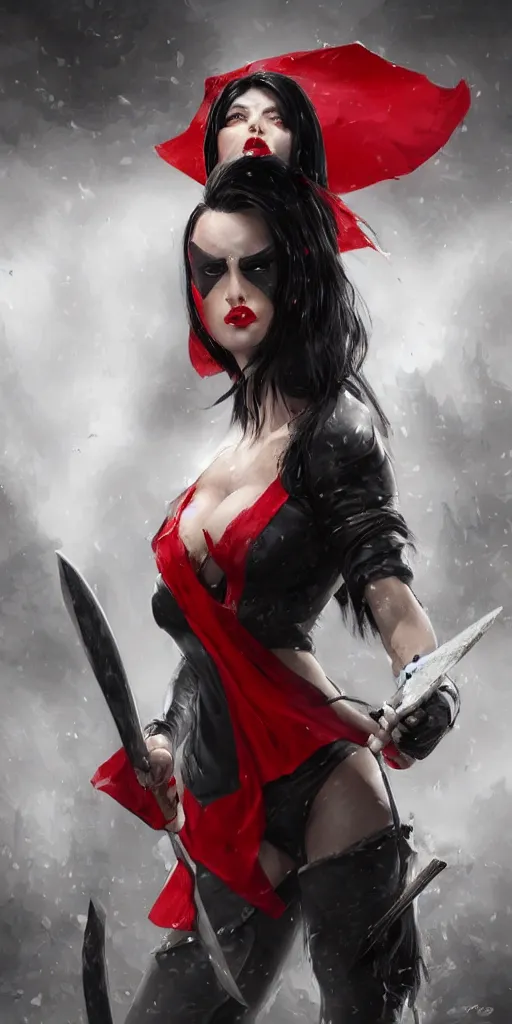 Prompt: photo of gorgeous woman with half white half black hair, in red hood with axe in the style of stefan kostic, realistic, half body shot, sharp focus, 8 k high definition, insanely detailed, intricate, elegant, art by stanley lau and artgerm, foggy background, pinup, fantasy