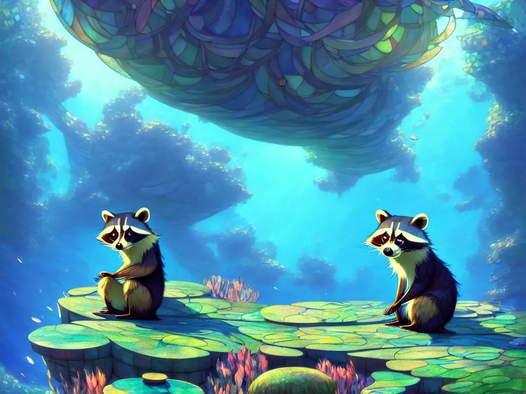 Image similar to the beautiful cartoon animation render a lovely disney raccoon, pop art, underwater world, in the style of makoto shinkai, raphael lacoste louis comfort tiffany, artgerm, karol bak, james jean, ross tran, 8 k hd, fine texture structure, 3 drender