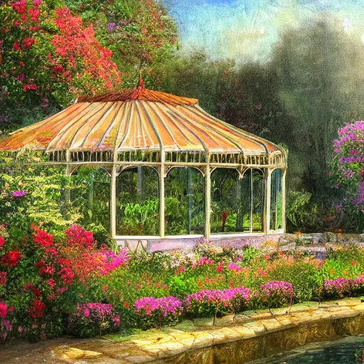 Prompt: a glass house in the center of a spanish garden, sunrise, blooming flowers, swimming pool, highly detailed, digital painting, art station, in a baroque style