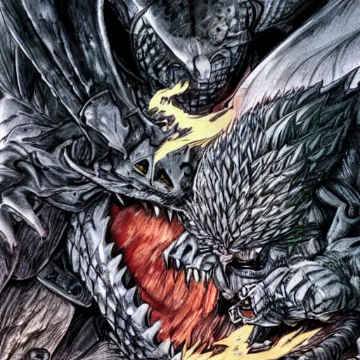 Prompt: guts from berserker fighting a dragon, epic, manga illustration
