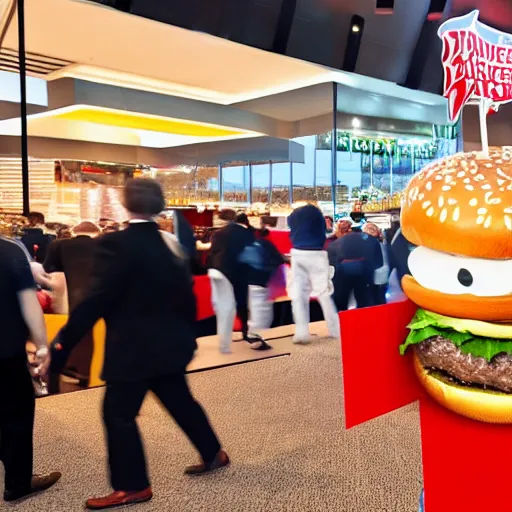 Image similar to MAN DRESSES UP IN A BURGER SUIT ATTENDS FAST FOOD CONVENTION, REALISM, REALISTIC, HDR, CLEAR IMAGE,