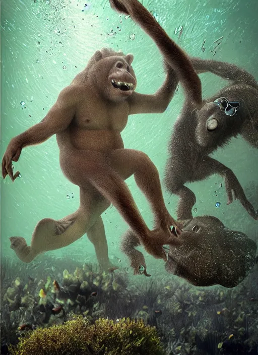 Image similar to Marc Simonette, bigfoots pulling a women underwater, trees, ultra detailed, creepy