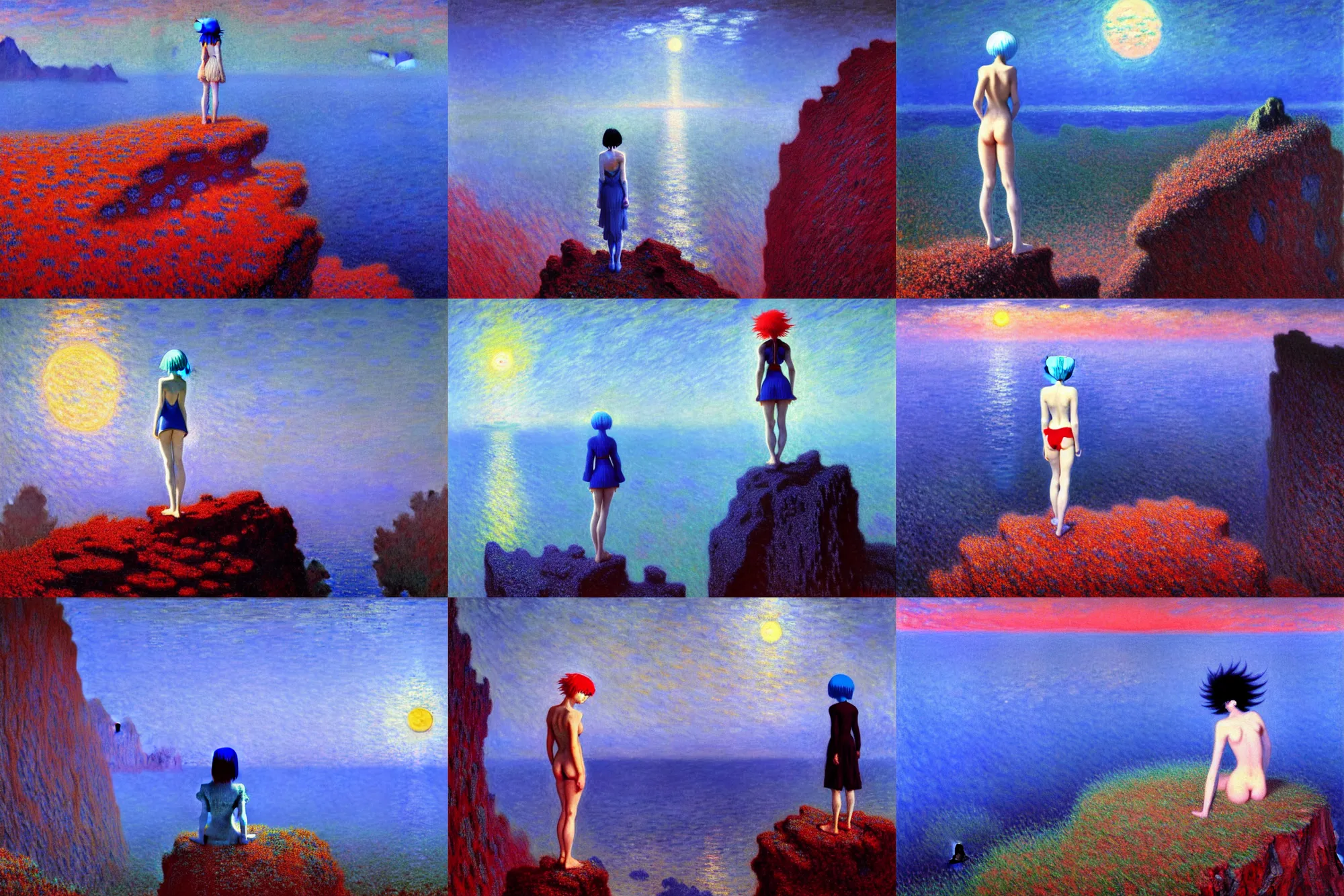 Prompt: blue hair rei ayanami in a rocky landscape at night. the sea is dark red. bright moon in the sky, moonlit anime girl, zdislaw beksinski, beautiful painting by claude monet, highly detailed textured 8k