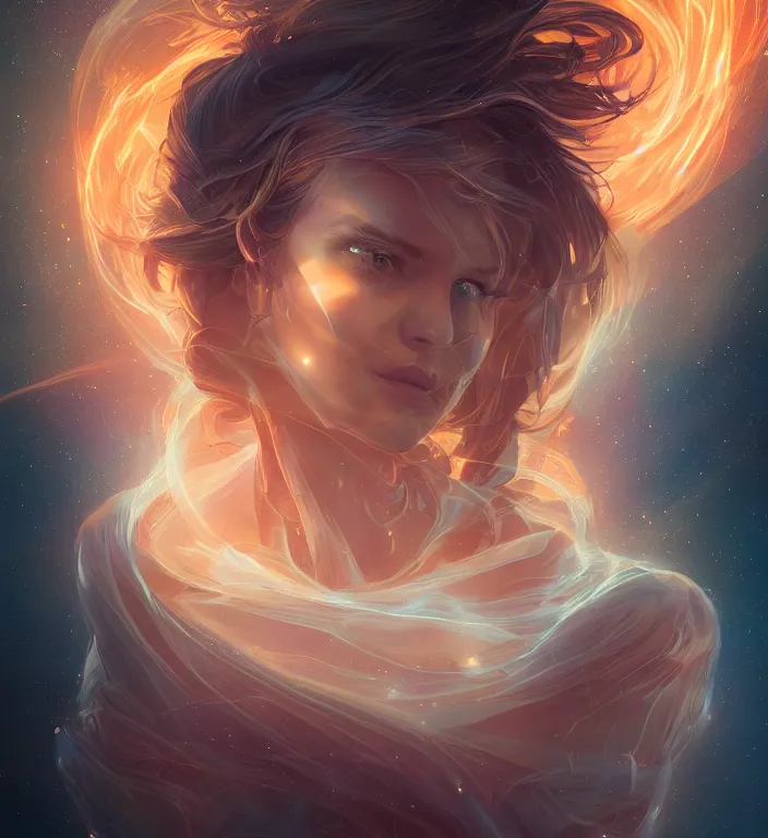 Prompt: centered waist up portrait photography of angel and glowing outlines, m dissolve to energy particles of light and bokeh and strong / dof and 8 k, photorealistic and composition by peter mohrbacher and line work by dan mumford, ultra realistic and backlit and strong rimlight, sunset and hdri, hd, photoreal
