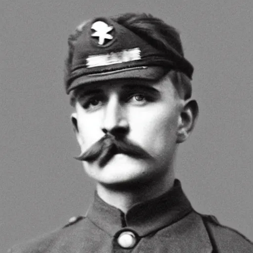 Image similar to an old photo of a soldier with long blonde hair and long blonde moustache