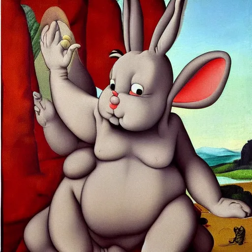 Prompt: obese bugs bunny painting, painted by michelangelo, renaissance painting, beautiful