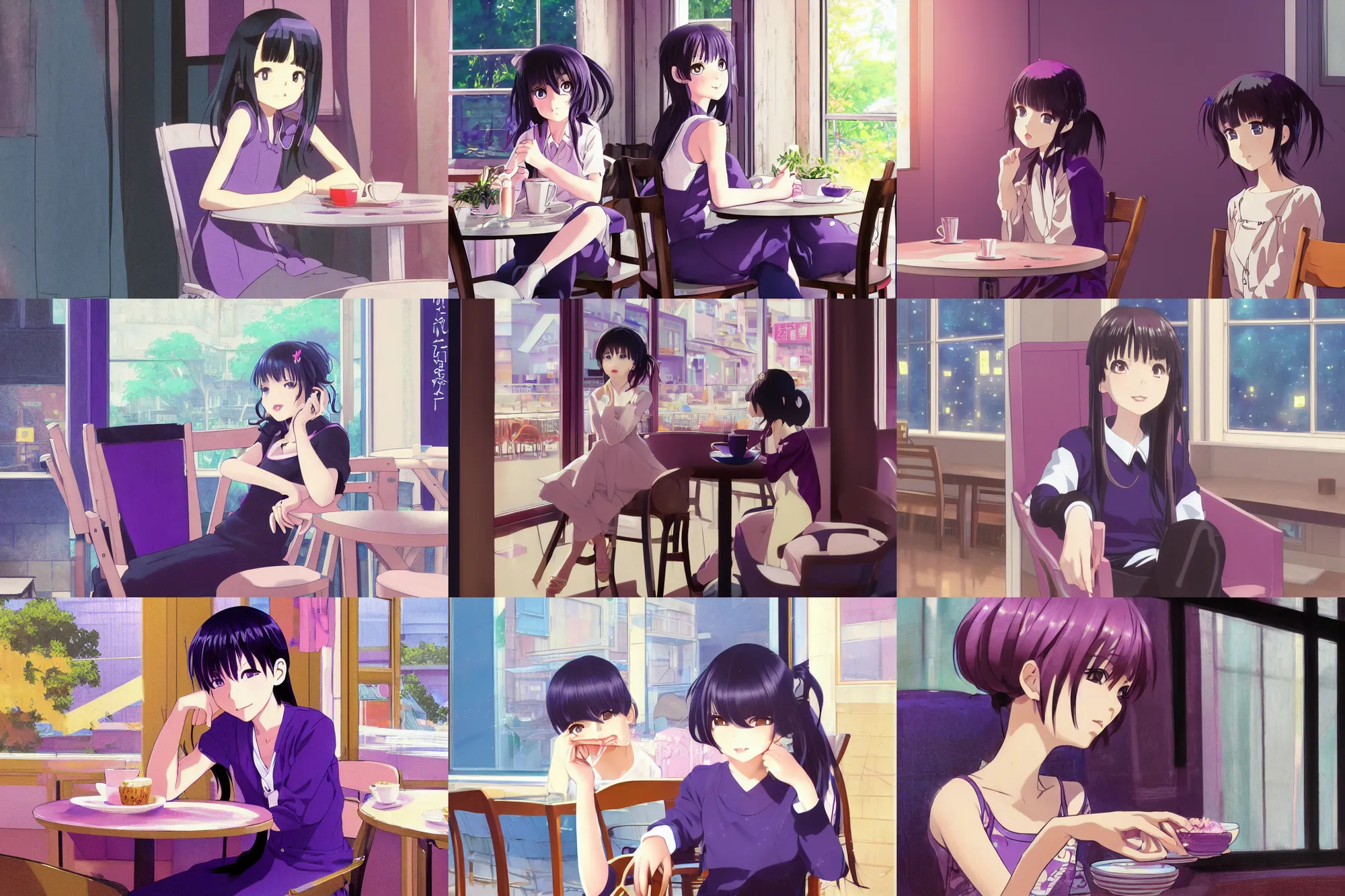 Prompt: anime film still portrait of a cute young girl with black hair and purple streaks, sitting in a cozy chair, in a cafe with big windows, by ilya kuvshinov yoshinari yoh makoto shinkai katsura masakazu kyoani, dynamic perspective pose detailed facial features rounded eyes, crisp and sharp, cel shading, ambient light