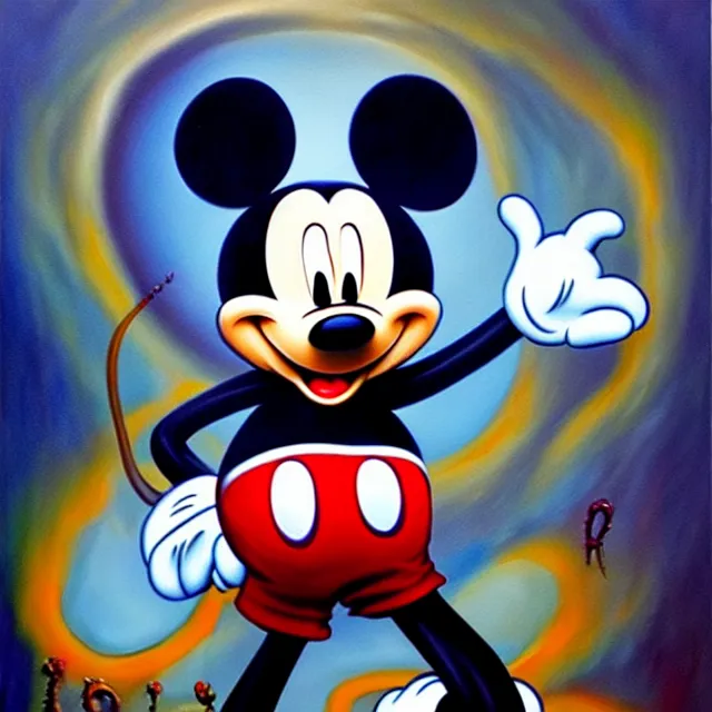 Image similar to an oil on canvas portrait painting of mickey mouse, polycount, surrealism, surrealist, lovecraftian, cosmic horror, high detail