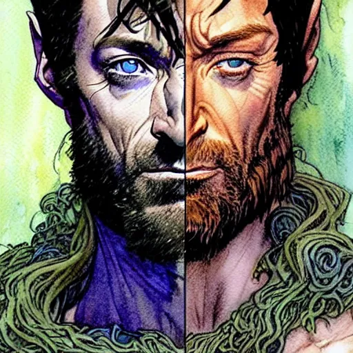 Image similar to a realistic and atmospheric watercolour fantasy character concept art portrait of hugh jackman as a druidic warrior wizard looking at the camera with an intelligent gaze by rebecca guay, michael kaluta, charles vess and jean moebius giraud