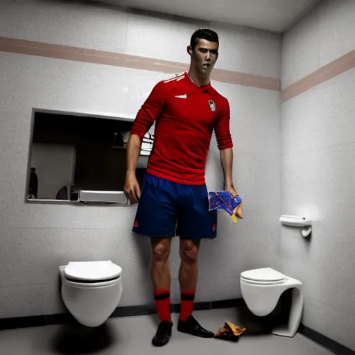 Prompt: cristiano ronaldo eating from doritos in the toilet, cinematic composition, 4 k, movie still