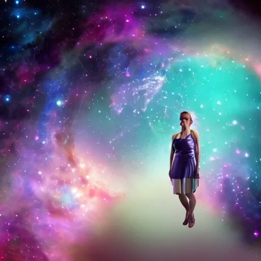 Image similar to woman made of nebula in space with hubble background, vray, 5 5 mm