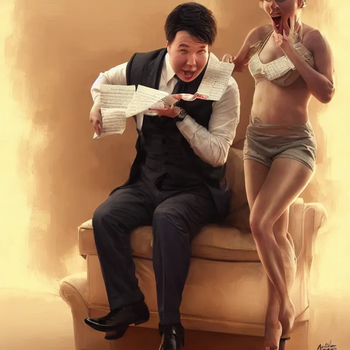 Image similar to portrait of michael mcintyre leaving on a sofa with a singing waitress, elegant, real life skin, intricate artwork, high detailed, artstation, concept art, smooth, sharpz focus, art by artgerm and greg rutkowski