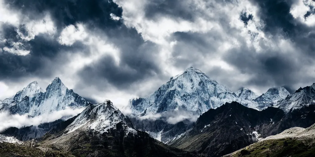 Prompt: Cloudy peaks, National Geographic magazine-style photos