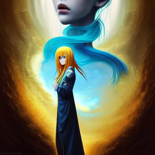 Prompt: rimuru tempest playing chess, with amber eyes of golden colored eyes, straight hair, sky blue hair, long bangs, high collar, concept art, award winning photography, digital painting, splash art, elegant, intricate, cinematic, wlop, 8 k, by ross tran, tom bagshaw, andy warhol