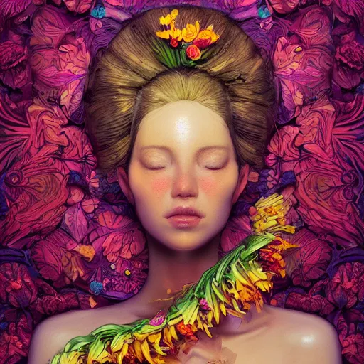 Image similar to the portrait of an absurdly beautiful, graceful, and elegant woman made of bananas and petals, an ultrafine detailed illustration by kim jung gi, irakli nadar, intricate linework, bright colors, final fantasy, behance contest winner, angular, unreal engine 5 highly rendered, global illumination, radiant light, detailed and intricate environment