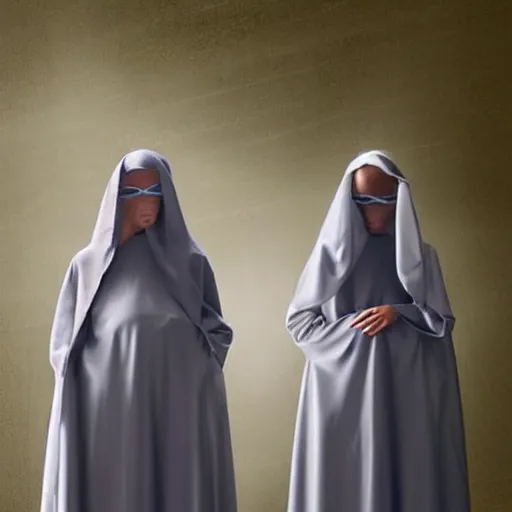 Prompt: hyper realistic, award winning photo two Hovering twin nuns wearing hoods, buxom chested blindfolded wearing translucent veils see through dress, Very long arms, floating nuns, bedroom, eerie, frightening, highly detailed, photorealistic, colorized —width 1024 —height 1024