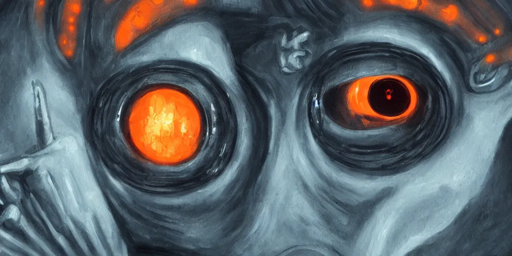 Image similar to Lovecraftian GladOS with small orange glowing eyes, oil painting, 4k