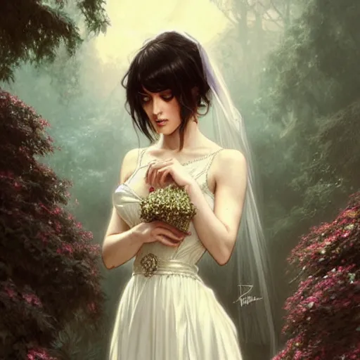 Image similar to a beautiful girl with dark hair and bangs, wearing a wedding dress, royal gardens background, fantasy, intricate, elegant, highly detailed, digital painting, artstation, concept art, matte, sharp focus, illustration, art by Artgerm and Greg Rutkowski and Alphonse Mucha