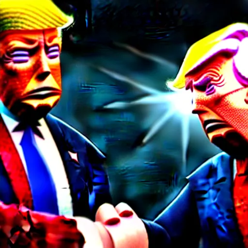 Image similar to joe biden handshakes donald trump ultra realistic, lens flare, atmosphere, glow, detailed, intricate, full of colour, cinematic lighting, trending on artstation, 4 k, hyperrealistic, focused, extreme details, unreal engine 5, cinematic, masterpiece, ultra realistic, hyper realistic, highly detailed, sharp focus, digital art