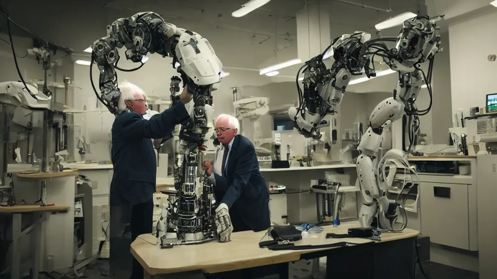 Image similar to bernie sanders putting the finishing touches on a cute clockwork doomsday robot, cinematic moody lighting, sharp focus, dirty laboratory, imax