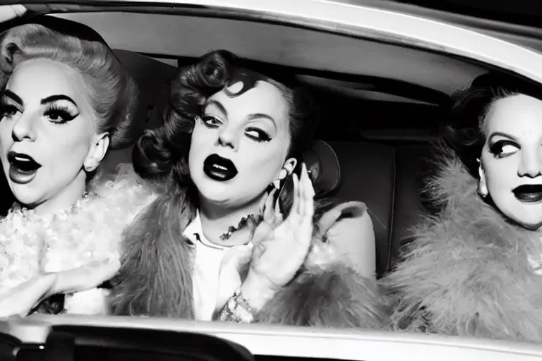 Image similar to lady gaga and judy garland doing carpool karaoke, lady gaga and judy garland, carpool karaoke, lady gaga, judy garland, carpool karaoke, youtube video screenshot, the late late show with james corden