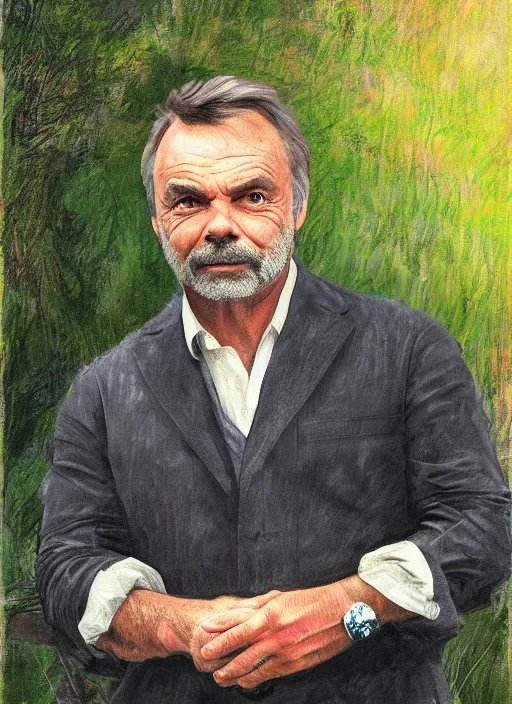 Image similar to portrait of sam neill, digital art in the style of monet, trending on artstation