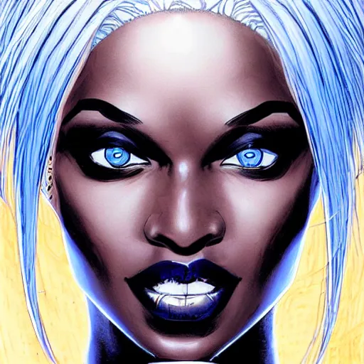 Prompt: Portrait of Ororo Munroe, a beautiful African woman in her 30s, with white hair and piercing blue eyes, symmetrical face, detailed face, soft face, gentle expression, graphic novel, art by Ardian Syaf and Pepe Larraz,