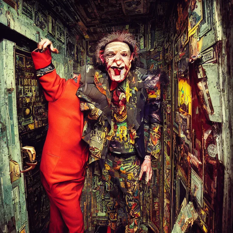 Prompt: professional octane render portrait by wayne barlow and carlo crivelli and glenn fabry, an eccentric weird man in a bright colorful saturated wes anderson elevator operator costume inside a dark and moody vintage elevator in a high - end exotic vintage boutique hotel, very short depth of field, bokeh