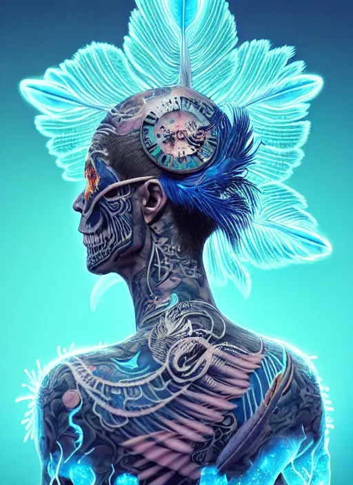 Image similar to 3 d shaman with tattoos profile portrait, sigma 5 0 0 mm f / 5. beautiful intricate highly detailed skull and feathers and hairs and tattoos. bioluminescent, plasma, frost, water, wind, creature, gradient background, thunderstorm! artwork by tooth wu and wlop and beeple and greg rutkowski, 8 k trending on artstation,