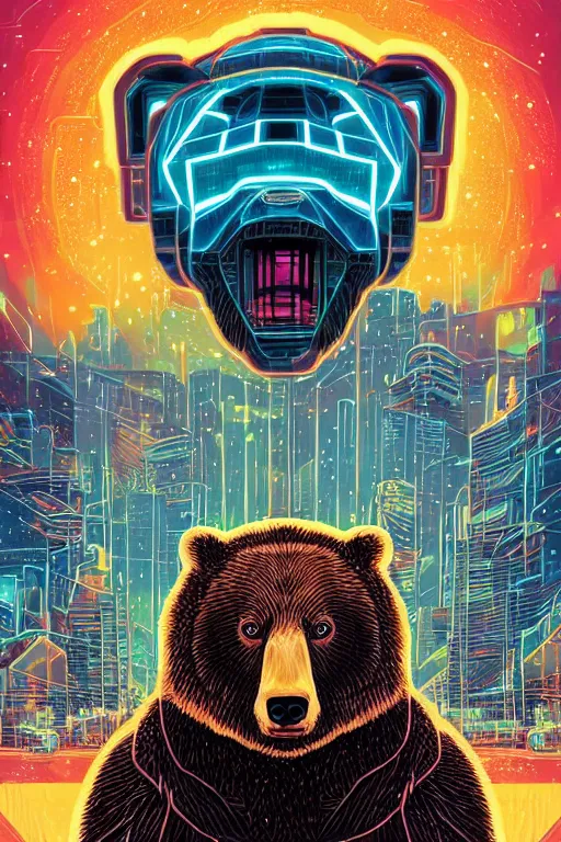 Image similar to a portrait of a bear with thunders in the sky in a future cybernetic city, outrun style and colours, trending on arstation, by dan mumford, by ross tran