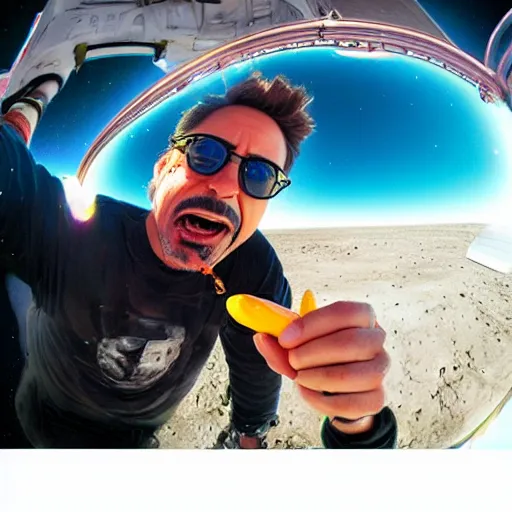 Image similar to robert downey jr eating a delicious hot dog on the moon, gopro selfie with a fisheye lens