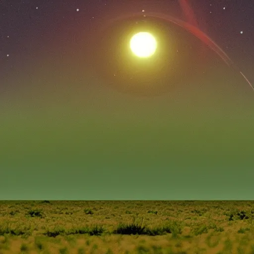 Image similar to a green sunset on the surface of an alien planet that orbits two stars