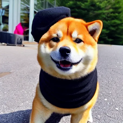 Image similar to photo of a Shiba Inu dog wearing a beret and black turtleneck