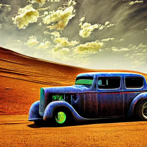 Prompt: Digital art, hot rod car driving up dirt road leading to the sky and heaven from the desert