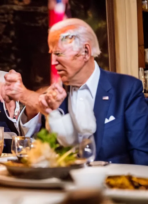 Image similar to Trump and Biden having dinner at a fancy Balinese restaurant, award winning photography, sigma 85mm Lens F/1.4, blurred background, perfect faces