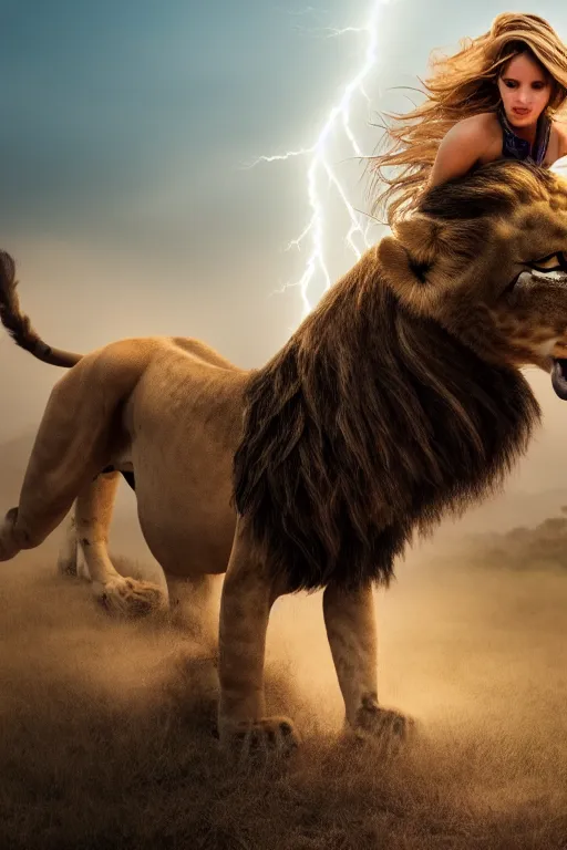 Prompt: girl riding a lion, extremely detailed, high quality, 4 k, cinematic, dramatic lightning, photo realistic, beautiful face, highly detailed face