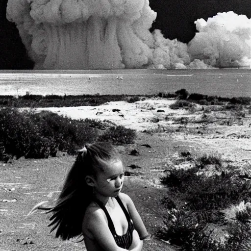 Prompt: a girl with a ponytail wearing bikini watching a nuclear explosion, 1 9 7 0 s photo
