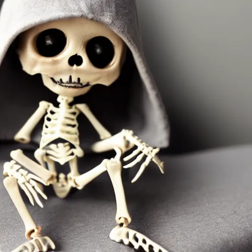 Image similar to an adorable simple ball jointed skeleton doll lovingly crafted by sclupted by hand from porcelain clay on a toy workbench, wearing a little bat poncho hoodie combo with jean shorts, worms eye view, macro camera lens, cinematic, focus