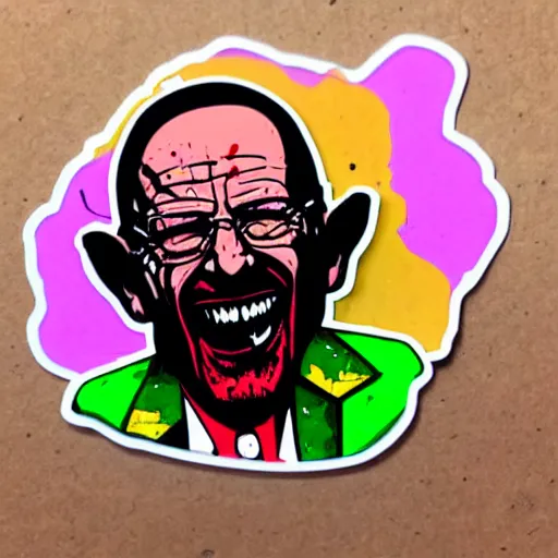 Image similar to die cut sticker, walter white laughing like the joker, splatter paint