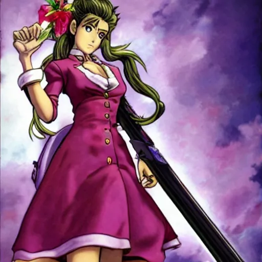 Image similar to aerith gainsborough in jojos bizarre adventure, high quality